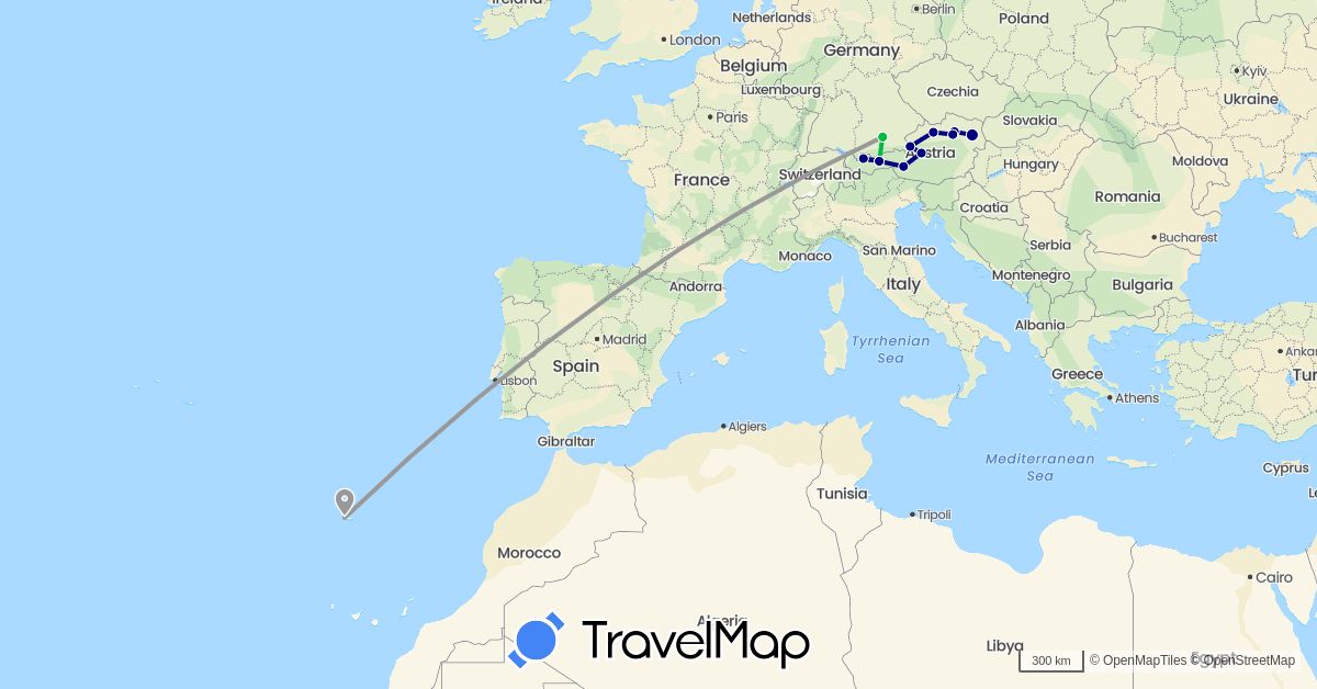 TravelMap itinerary: driving, bus, plane in Austria, Germany, Portugal (Europe)